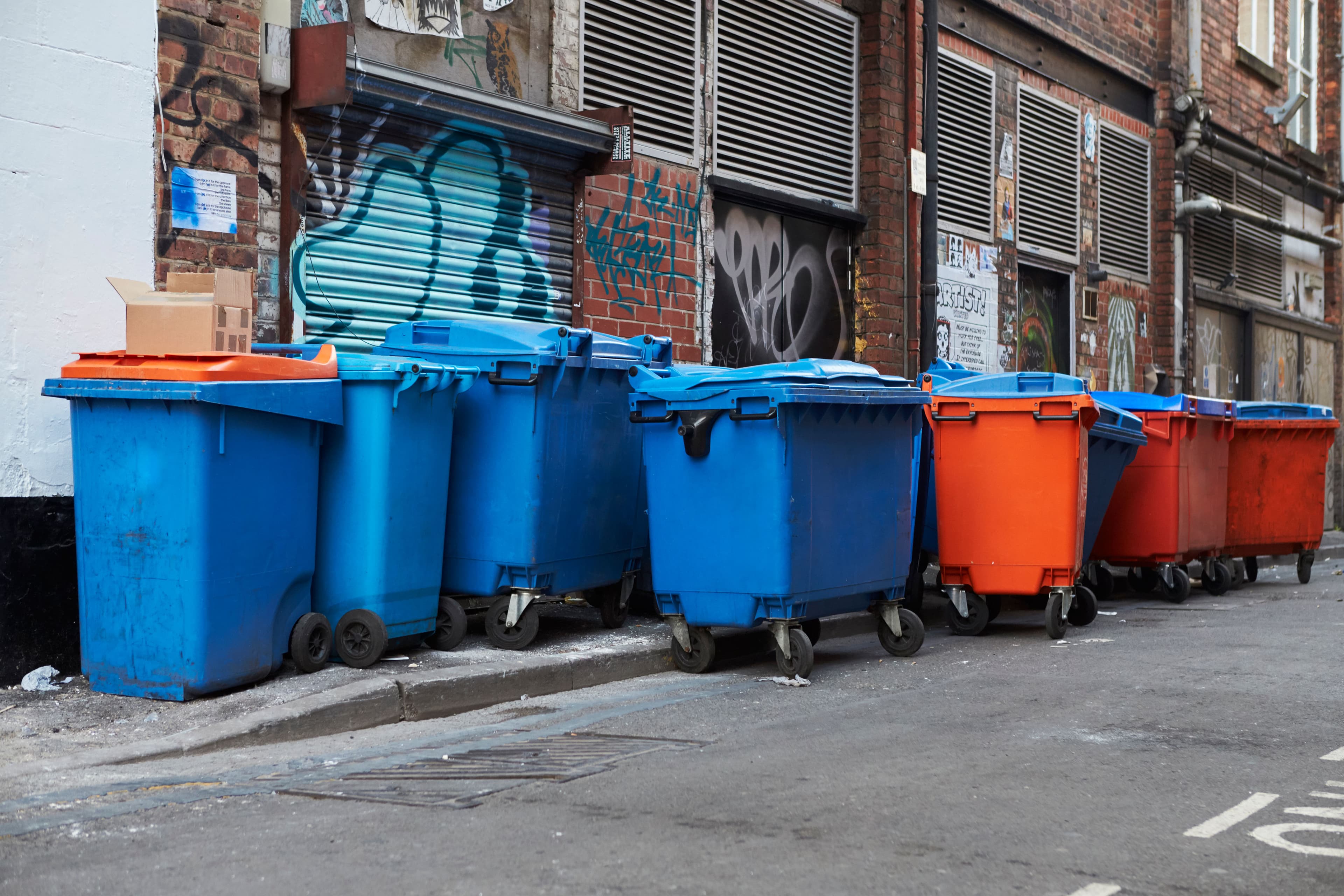 manchester-uk-10-may-2017-group-of-wheelie-bin